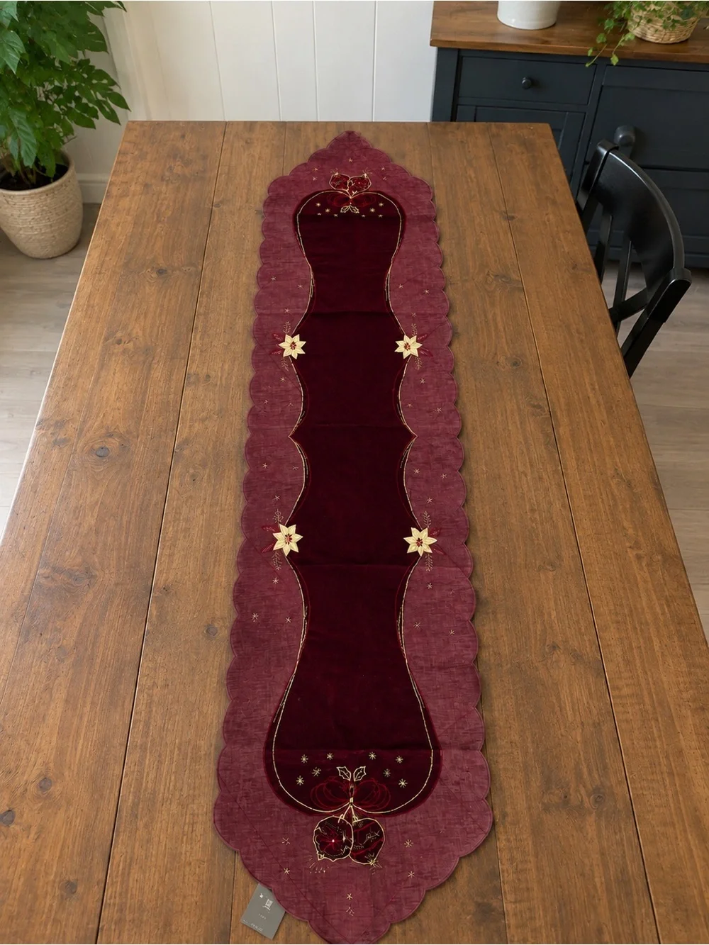 Burgundy Velvet Holiday Table Runner with Star Accents- 69 inches in length